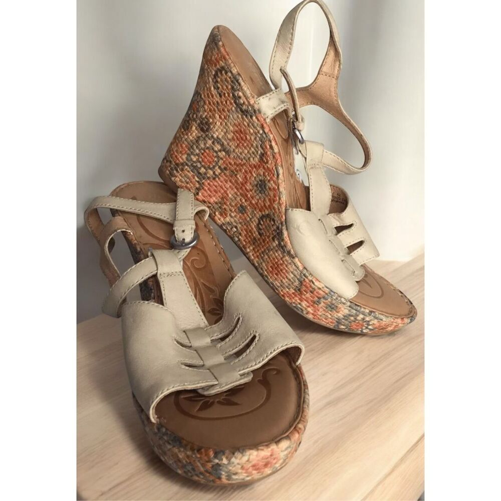 Born Platform Sandals Womens 10 High Wedge Floral Orange Braided Slingback Boho - Picture 5 of 12